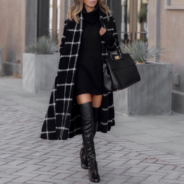 Cross-Border Women's Long Coat Plaid Brushed Woolen Coat Belt